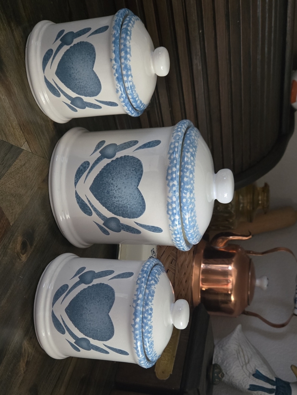 Vintage 1980s Ceramic Canister Set with Blue Heart Design - 3-Piece